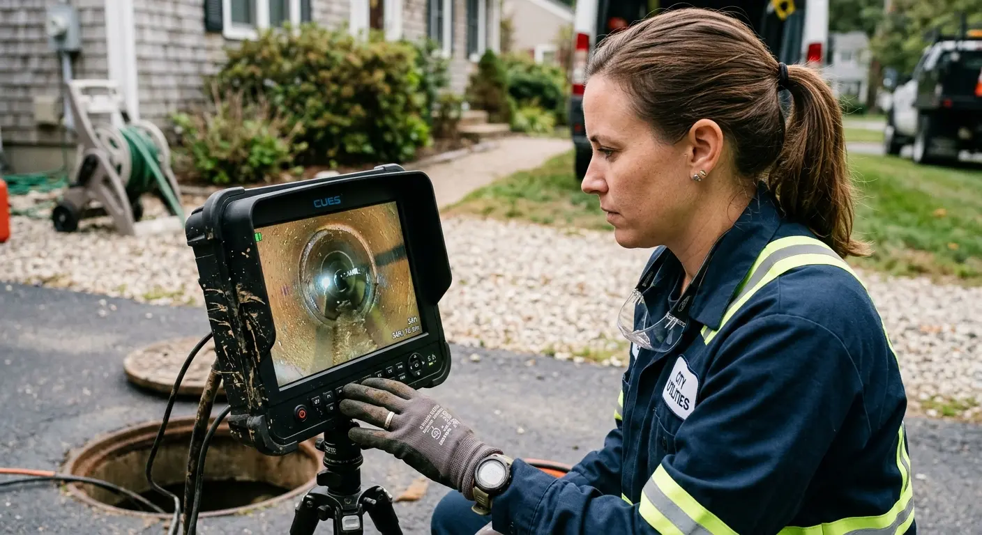 Technician reviewing sewer camera inspection footage in Alvin