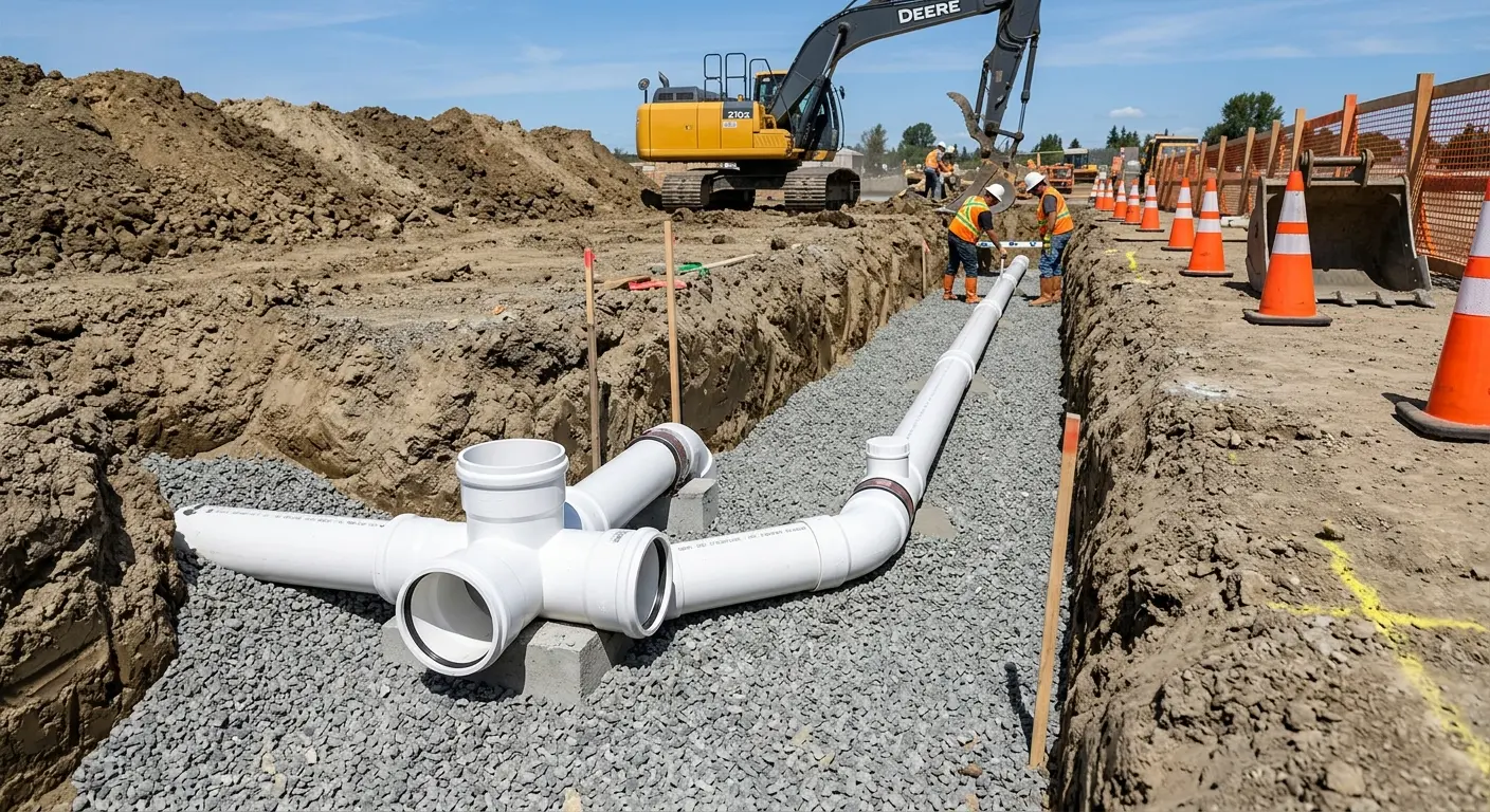 New PVC sewer pipe installation in open trench for Sewer Backup in Alvin