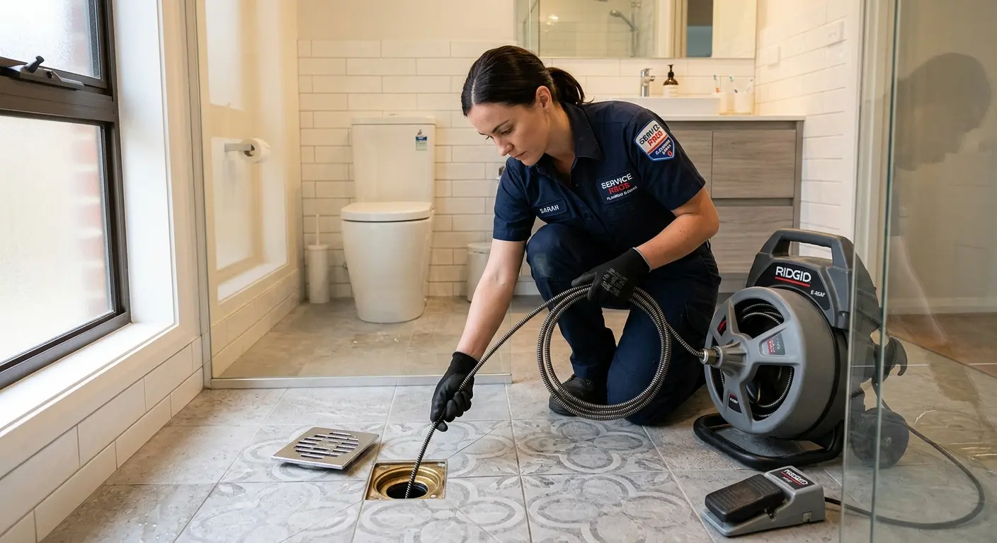 Technician clearing a bathroom floor drain for Drain Cleaning in Alvin